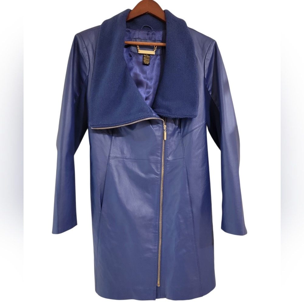 Iman Women's Blue Genuine Leather Jacket With Polyster Knit Trim Size L PRELOVED
